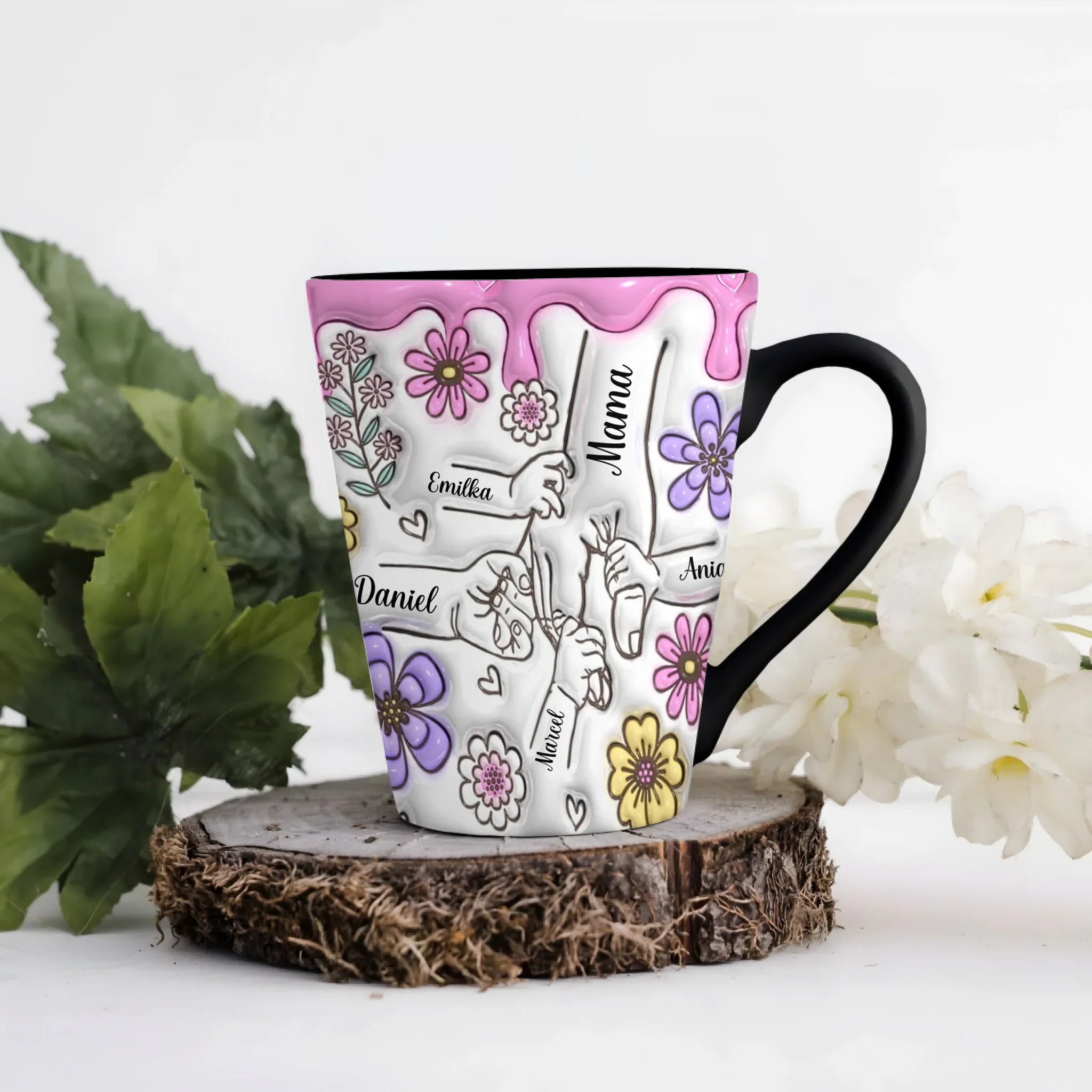Hrnek pro maminku - růžová poleva a květy - Latte Hrnek (300ml) - Černý