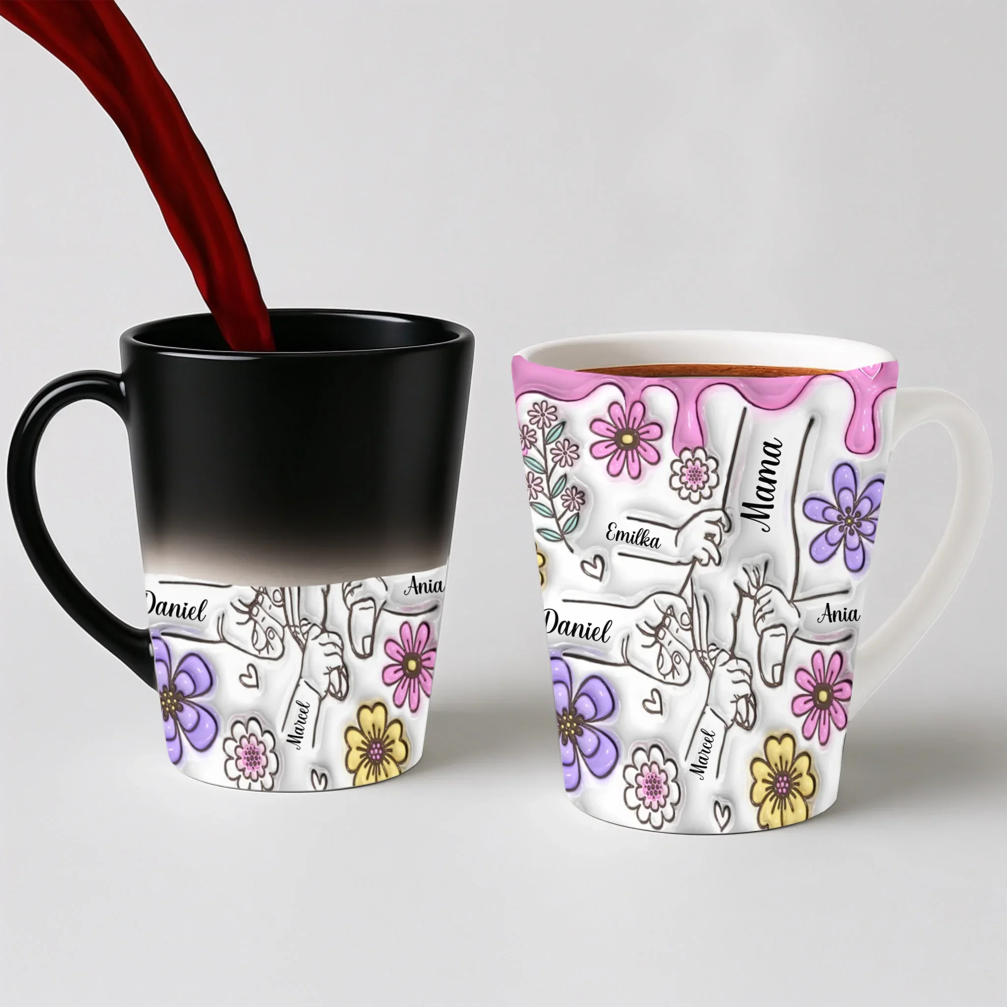 Hrnek pro maminku - růžová poleva a květy - Latte Hrnek (300ml) - Magický (měnící barvu)