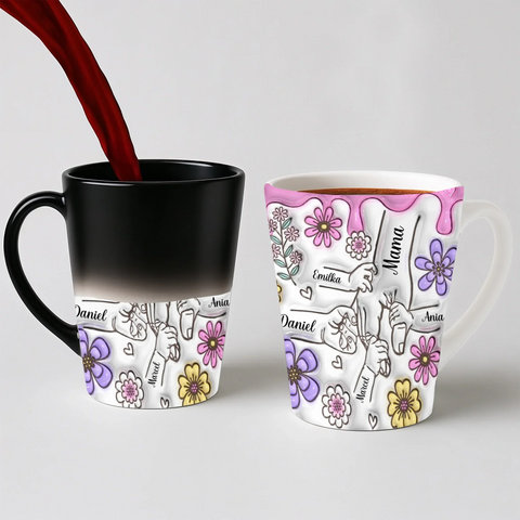Hrnek pro maminku - růžová poleva a květy - Latte Hrnek (300ml) - Magický (měnící barvu)