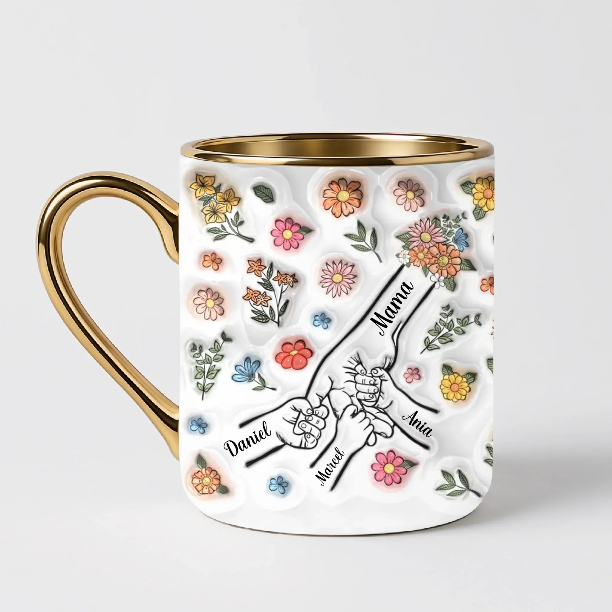 Hrnek pro rodinu - ruce na rozkvetlé louce - Elegantní hrnek (330ml) - Bílý