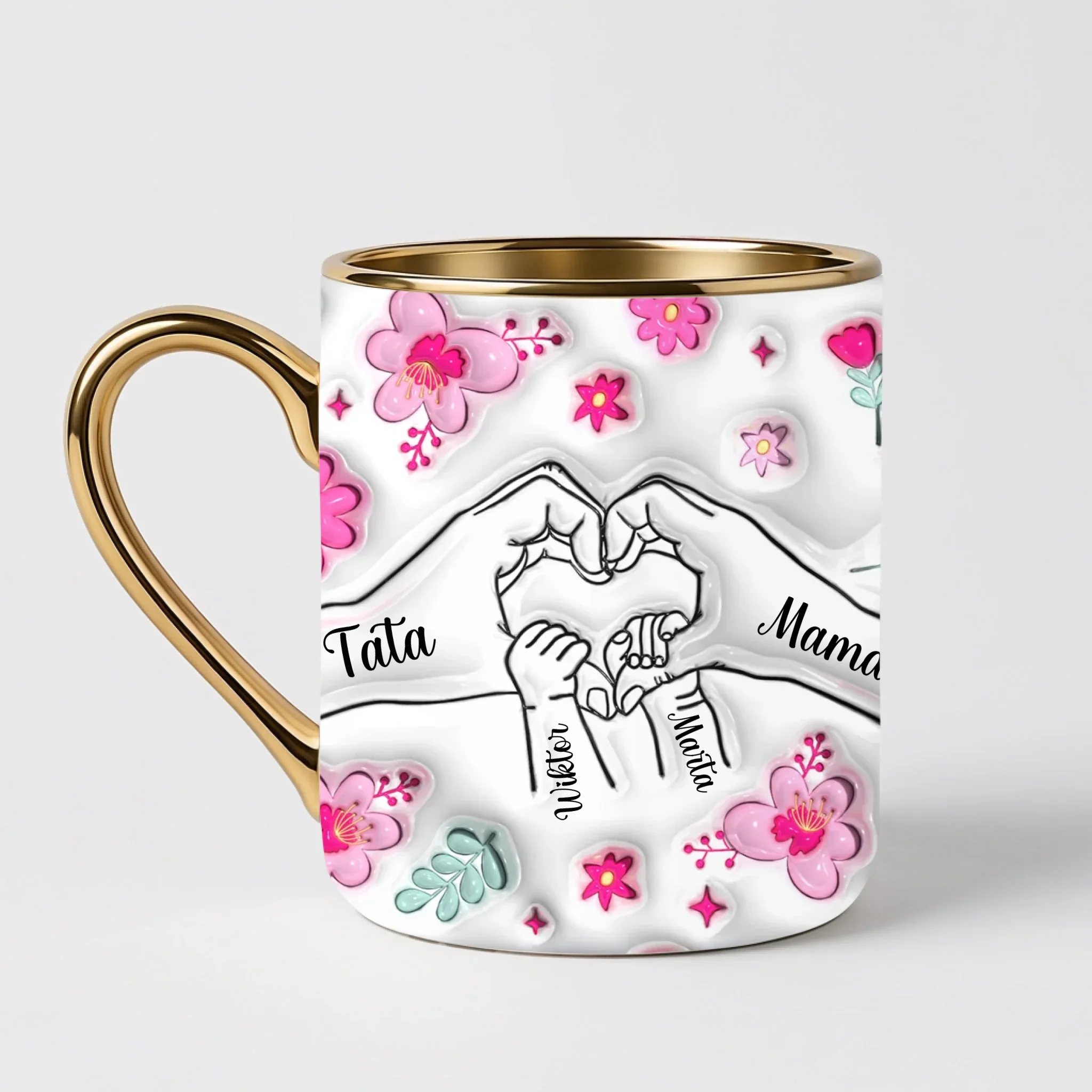 Hrnek pro rodinu - srdce z dlaní maminky a táty - Elegantní hrnek (330ml) - Bílý