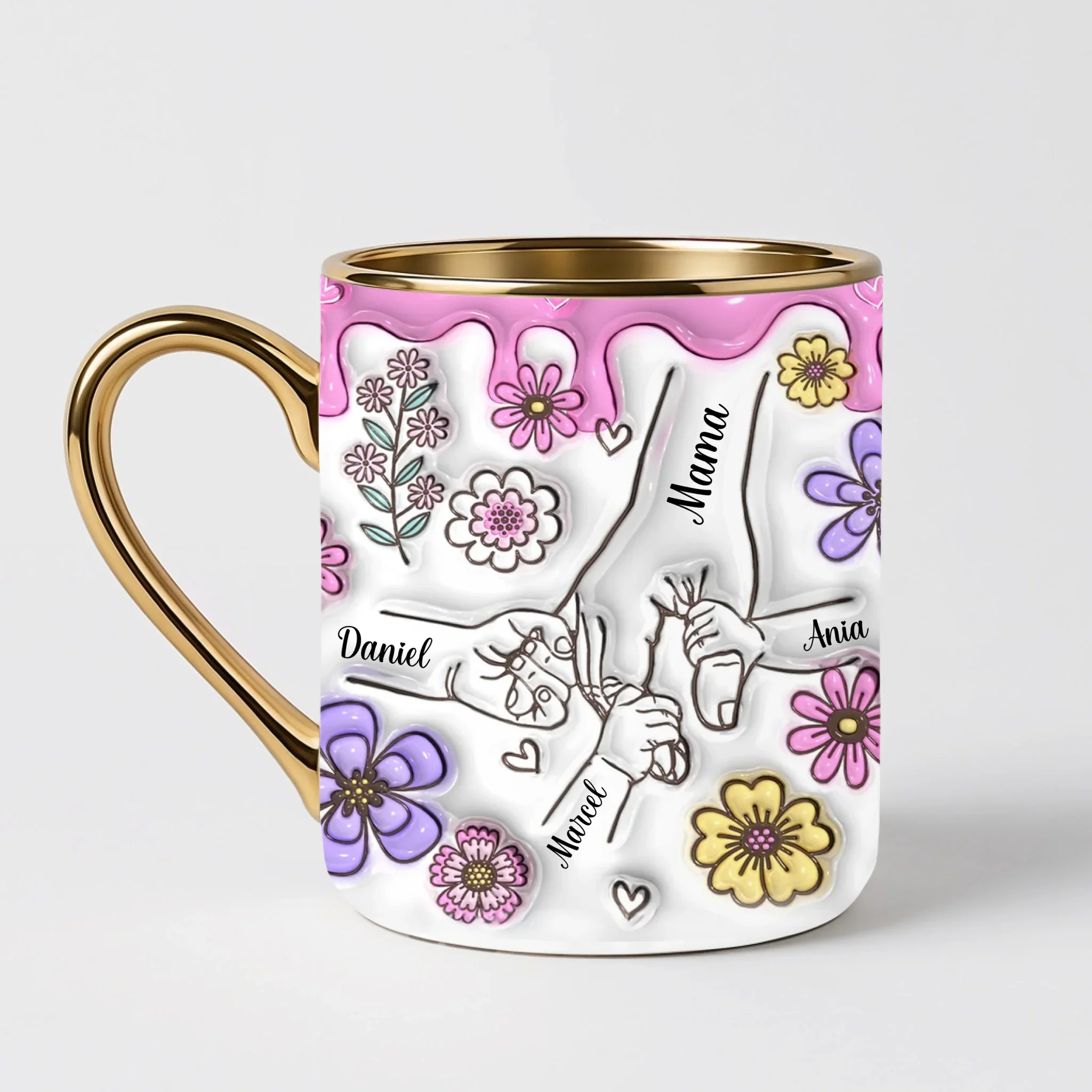Hrnek pro maminku - růžová poleva a květy - Elegantní hrnek (330ml) - Bílý