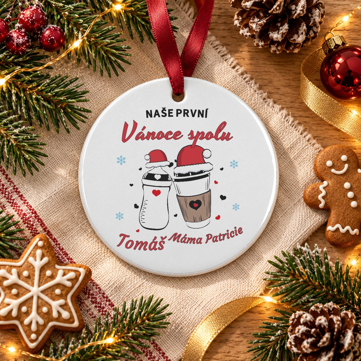 Vánoční keramická ozdoba pro maminku a dítě - kulatá